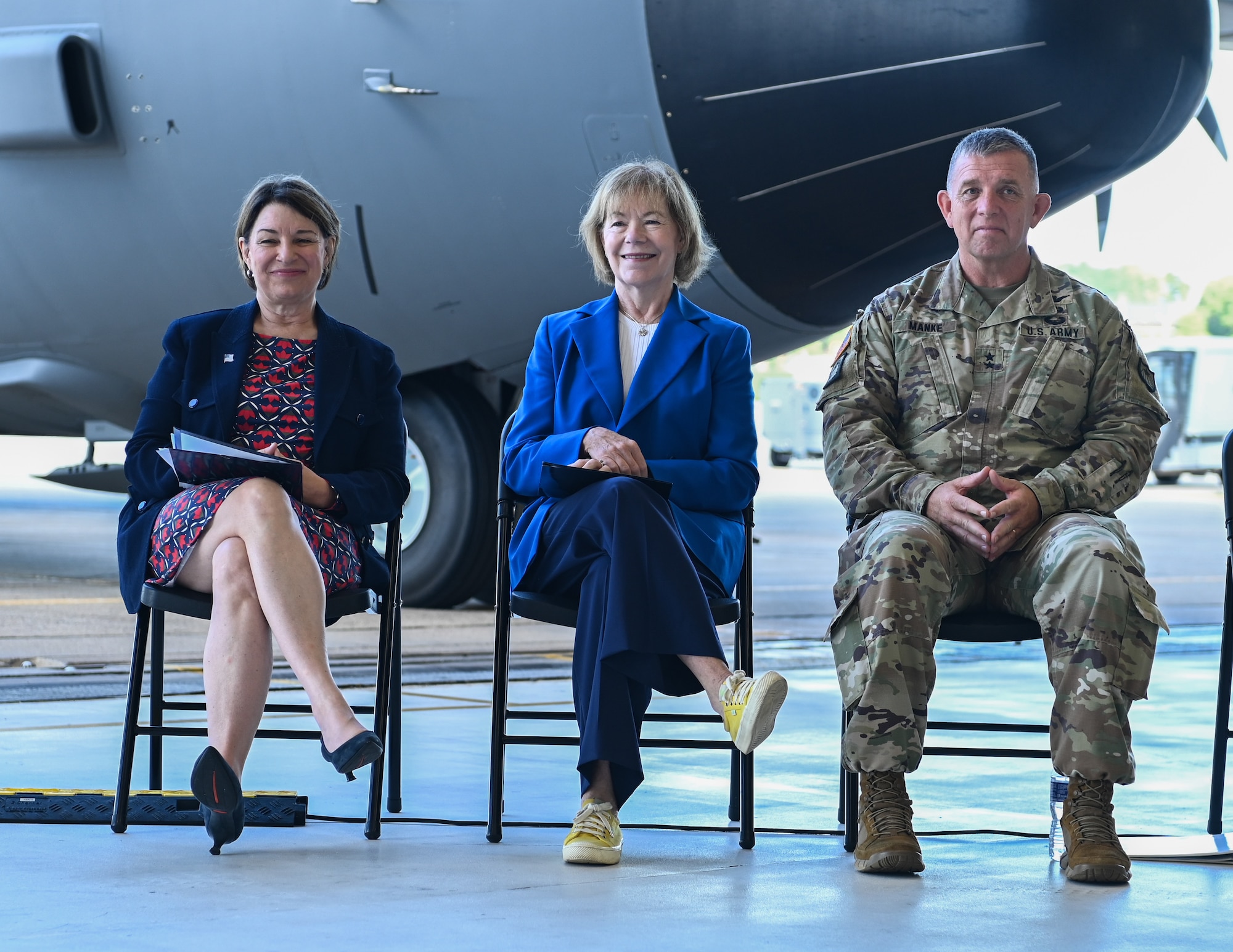 U.S. Sen. Amy Klobuchar, D-Minn., and U.S. Sen. Tina Smith, D-Minn., held a press conference at the 133rd Airlift Wing in St. Paul, Minn., Aug. 20, 2025.