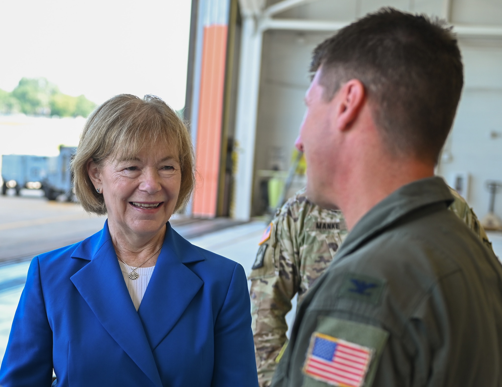 U.S. Sen. Amy Klobuchar, D-Minn., and U.S. Sen. Tina Smith, D-Minn., held a press conference at the 133rd Airlift Wing in St. Paul, Minn., Aug. 20, 2025.