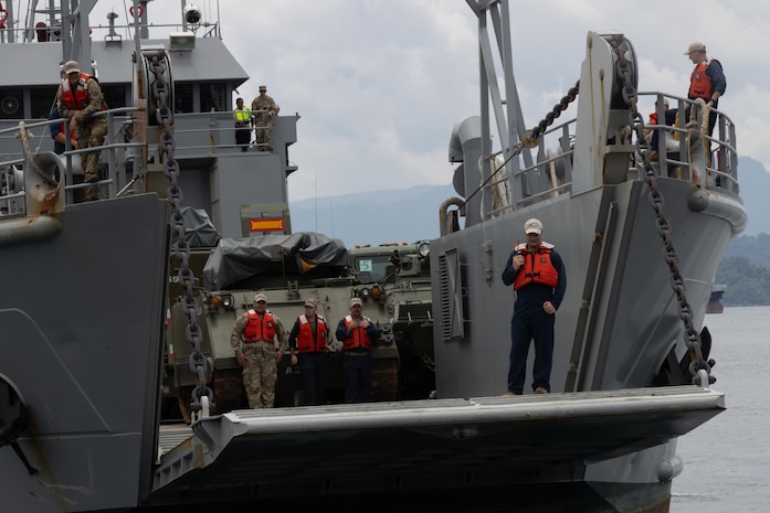 U.S. Army watercraft operators and Philippine Soldiers execute a roll-on/roll-off exercise during SABAK 25, showcasing seamless joint logistics and maritime coordination along the Philippine coast.