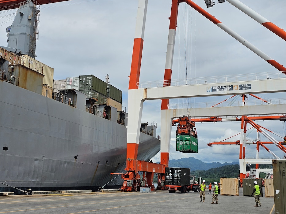 Soldiers from the 593rd CSC’s Distribution Management Center (DMC) and Surface Deployment Distribution Command (SDDC) oversee port operations in the Philippines during SABAK 25, coordinating the upload of critical cargo alongside commercial partners to ensure mission success.