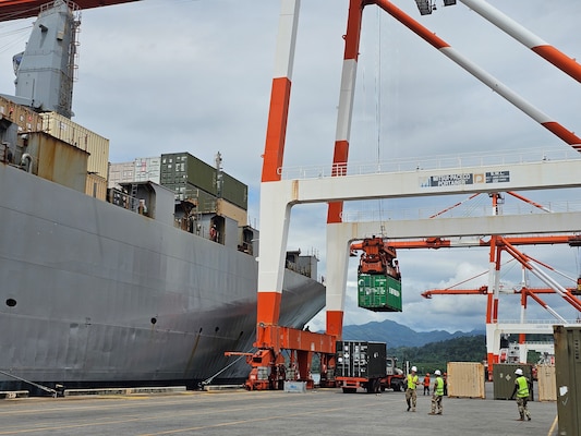 Soldiers from the 593rd CSC’s Distribution Management Center (DMC) and Surface Deployment Distribution Command (SDDC) oversee port operations in the Philippines during SABAK 25, coordinating the upload of critical cargo alongside commercial partners to ensure mission success.