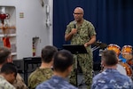 Pacific Partnership 2025 multinational team member U.S. Navy Lt. Reginald Anderson-Exul speaks during a chaplains combined prayer service aboard the Il Chul Bong, July 30, 2025. Now in its 21st iteration, the Pacific Partnership series is the largest annual multinational humanitarian assistance and disaster management preparedness mission conducted in the Indo-Pacific.