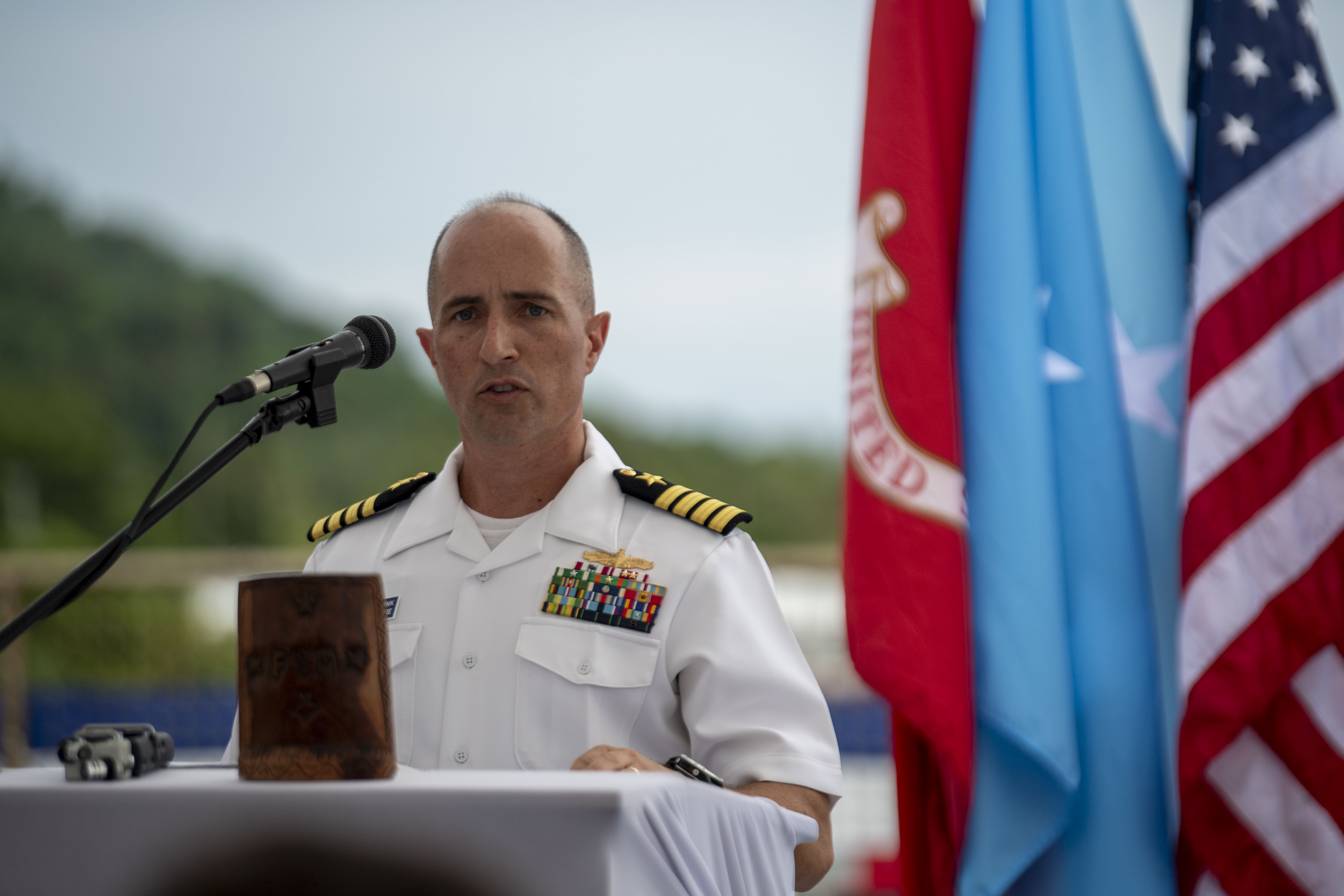 Capt. Mark B. Stefanik, mission commander of Pacific Partnership 2025, speaks at an opening ceremony during Pacific Partnership 2025 in Chuuk, August 18, 2025.