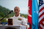 Capt. Mark B. Stefanik, mission commander of Pacific Partnership 2025, speaks at an opening ceremony during Pacific Partnership 2025 in Chuuk, August 18, 2025.