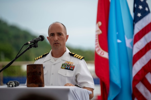 Capt. Mark B. Stefanik, mission commander of Pacific Partnership 2025, speaks at an opening ceremony during Pacific Partnership 2025 in Chuuk, August 18, 2025.