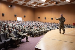 Chief Master Sgt. of the Air Force David Flosi delivers remarks during an all call at Incirlik Air Base, Türkiye, August 14, 2025.