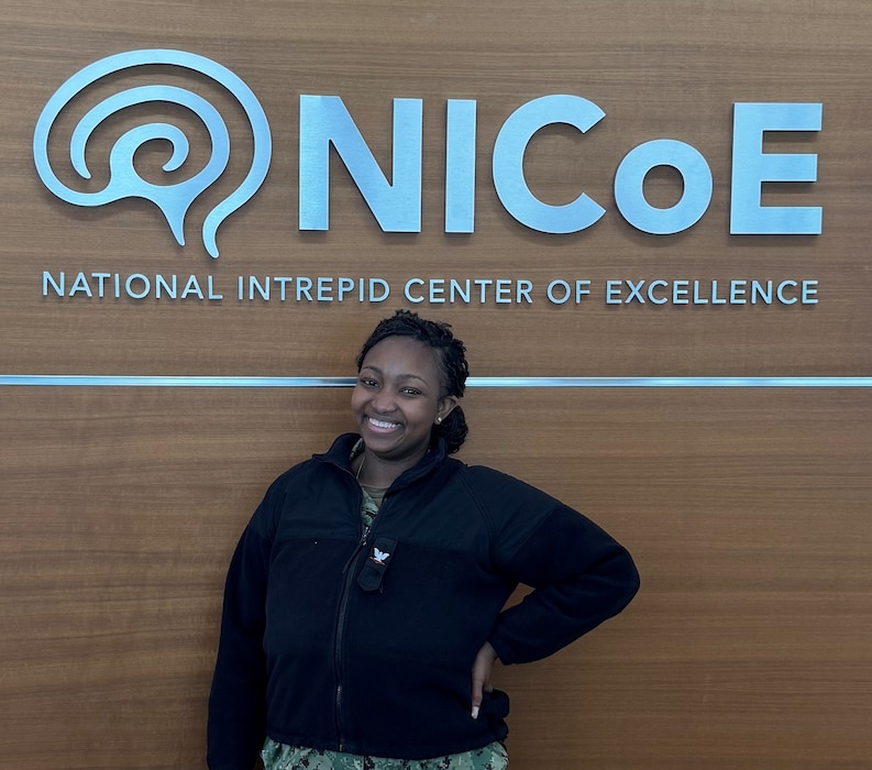 Hospital Corpsman 3rd Class Allaiha Carrasquillo, assigned to the National Intrepid Center of Excellence (NICoE), poses for a photo at NICoE, Bethesda, Md., May, 2025. As a corpsman, she performed a broad range of technical, administrative and patient care support responsibilities. (DOD photo by Ben Lasky)