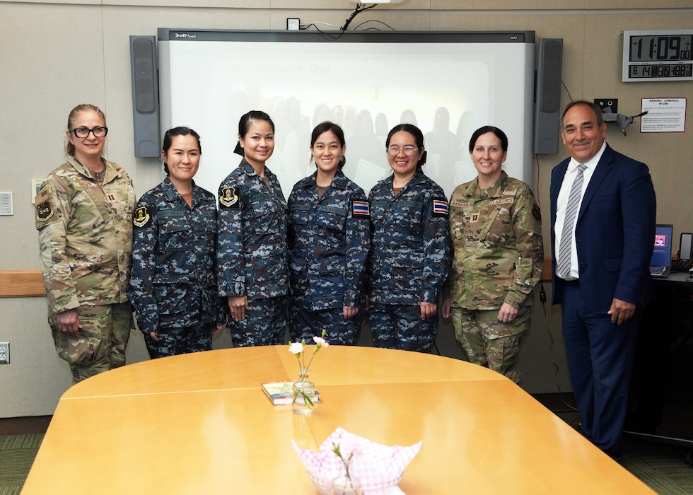 JOINT BASE SAN ANTONIO-FORT SAM HOUSTON – (Aug. 14, 2025) – During a visit to the Battlefield Health and Trauma Research Institute, flight nurses from the Royal Thai Air Force received a briefing on the Preparatory Iraqi Nursing Course (PINC) by Dr. Darrin Frye, chief science director, Naval Medical Research Unit (NAMRU) San Antonio. The nurses visited medical commands within Joint Base San Antonio to enhance their nursing knowledge and skills to include advancing quality of nursing practice related to disease management. Navy Medicine Research & Development (NMR&D) contributes directly to positive working relationships with partner nation militaries, keeping the scope of Department of Defense capabilities wide, and at the ready, to address emerging threats aboard. NAMRU San Antonio, part of NMR&D, conducts gap-driven combat casualty care, craniofacial, and directed energy research in support of Navy, Marine Corps and joint U.S. warfighter health readiness and lethality while engaged in routine and expeditionary operations. (U.S. Navy photo by Burrell Parmer, NAMRU San Antonio Public Affairs/Released)