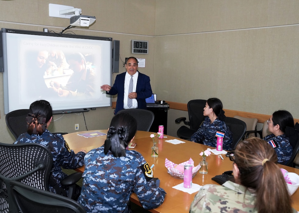 JOINT BASE SAN ANTONIO-FORT SAM HOUSTON – (Aug. 14, 2025) – Dr. Darrin Frye, chief science director, Naval Medical Research Unit (NAMRU) San Antonio, briefed aspects of the Preparatory Iraqi Nursing Course (PINC) to flight nurses from the Royal Thai Air Force at the Battlefield Health and Trauma Research Institute. The nurses visited medical commands within Joint Base San Antonio to enhance their nursing knowledge and skills to include advancing quality of nursing practice related to disease management. Navy Medicine Research & Development (NMR&D) contributes directly to positive working relationships with partner nation militaries, keeping the scope of Department of Defense capabilities wide, and at the ready, to address emerging threats aboard. NAMRU San Antonio, part of NMR&D, conducts gap-driven combat casualty care, craniofacial, and directed energy research in support of Navy, Marine Corps and joint U.S. warfighter health readiness and lethality while engaged in routine and expeditionary operations. (U.S. Navy photo by Burrell Parmer, NAMRU San Antonio Public Affairs/Released)