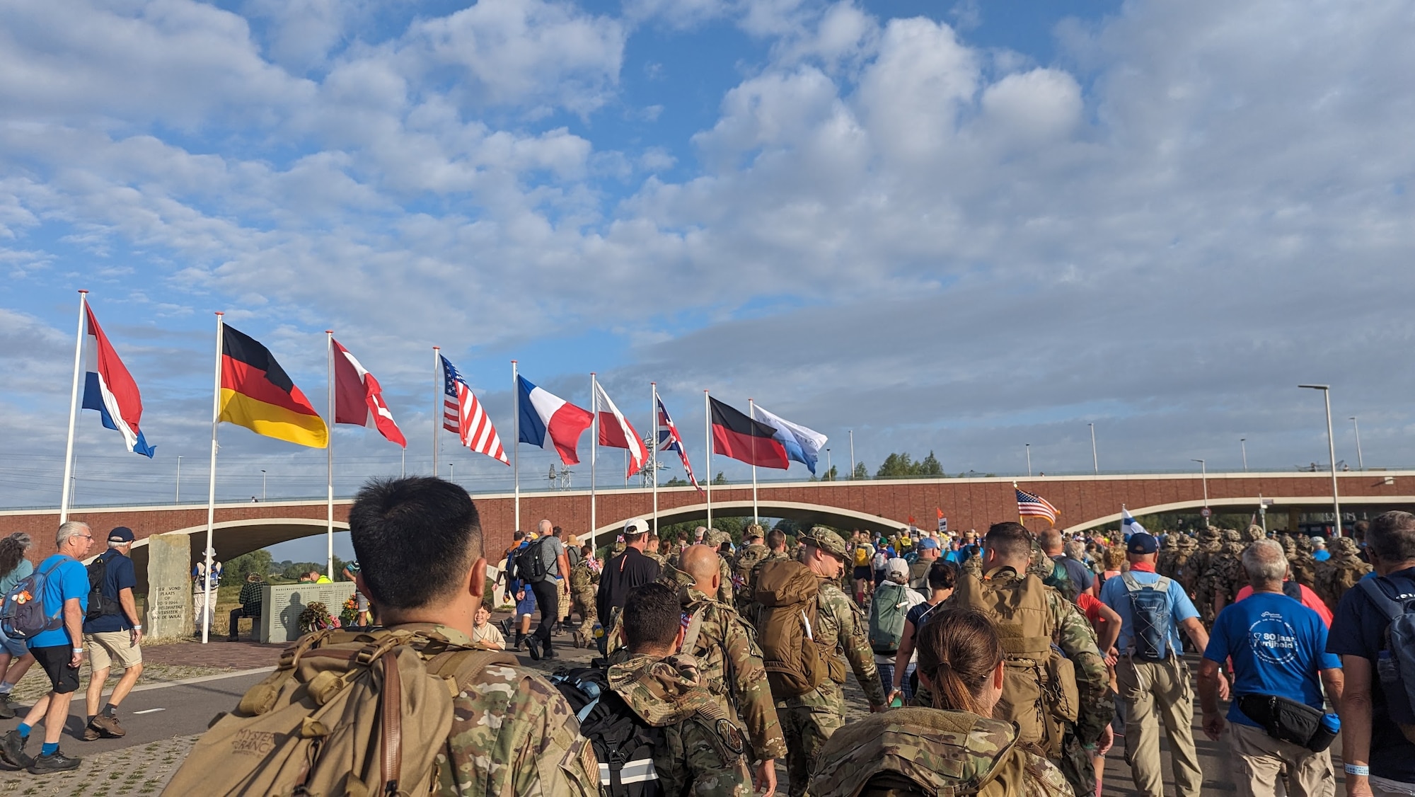 Thirteen U.S. Airmen from 1st Combat Communications Squadron join over 45,000 participants representing 70 countries during a 4-day ruck march across 106 miles in the Netherlands, July 15-18, 2025.
