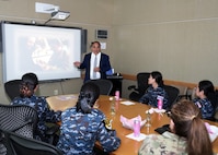 JOINT BASE SAN ANTONIO-FORT SAM HOUSTON – (Aug. 14, 2025) – Dr. Darrin Frye, chief science director, Naval Medical Research Unit (NAMRU) San Antonio, briefed aspects of the Preparatory Iraqi Nursing Course (PINC) to flight nurses from the Royal Thai Air Force at the Battlefield Health and Trauma Research Institute. The nurses visited medical commands within Joint Base San Antonio to enhance their nursing knowledge and skills to include advancing quality of nursing practice related to disease management. Navy Medicine Research & Development (NMR&D) contributes directly to positive working relationships with partner nation militaries, keeping the scope of Department of Defense capabilities wide, and at the ready, to address emerging threats aboard. NAMRU San Antonio, part of NMR&D, conducts gap-driven combat casualty care, craniofacial, and directed energy research in support of Navy, Marine Corps and joint U.S. warfighter health readiness and lethality while engaged in routine and expeditionary operations. (U.S. Navy photo by Burrell Parmer, NAMRU San Antonio Public Affairs/Released)