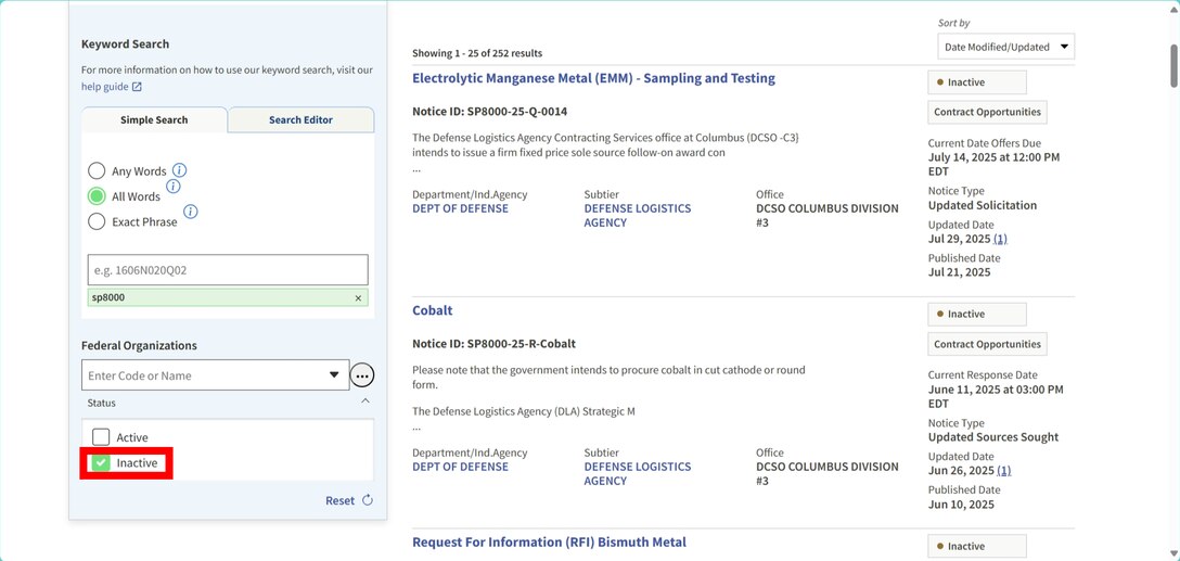 DLA Strategic Materials solicitations on SAM.gov can be filtered by Inactive status to gather market research information from previously active solicitations.