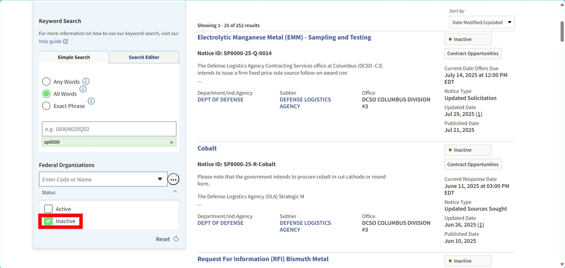 DLA Strategic Materials solicitations on SAM.gov can be filtered by Inactive status to gather market research information from previously active solicitations.