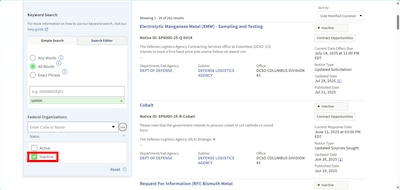 DLA Strategic Materials solicitations on SAM.gov can be filtered by Inactive status to gather market research information from previously active solicitations.