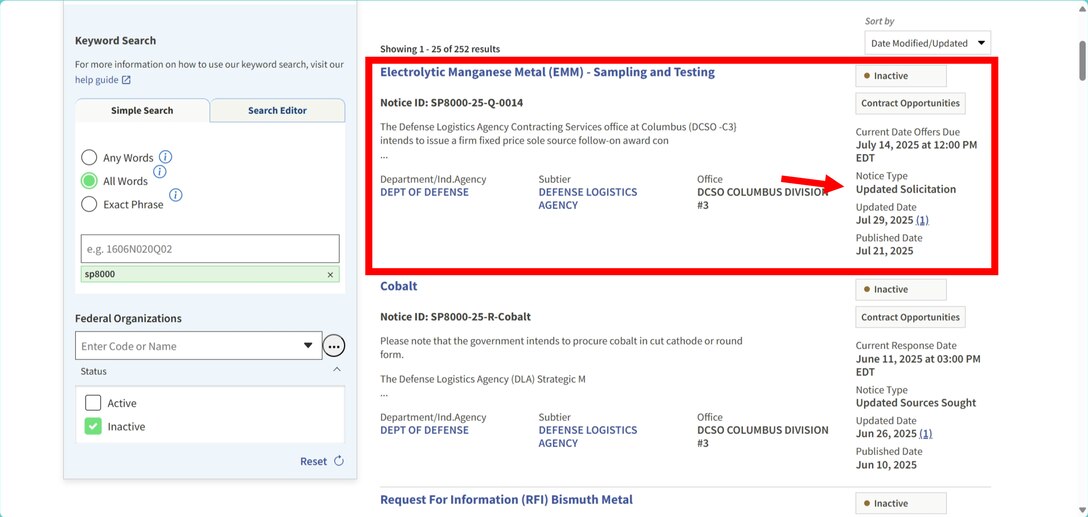When conducting market research on SAM.gov into DLA Strategic Materials solicitations, identify those that have the Notice type Solicitation or Updated Solicitation to review needs, attachments, and requirements of the past.