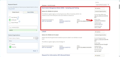 When conducting market research on SAM.gov into DLA Strategic Materials solicitations, identify those that have the Notice type Solicitation or Updated Solicitation to review needs, attachments, and requirements of the past.