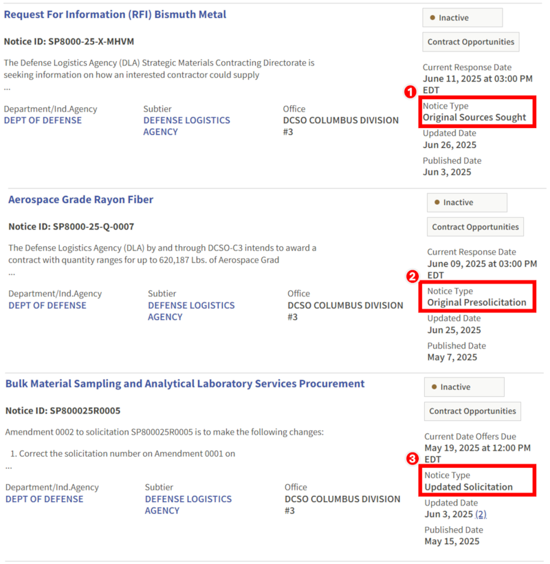 Examples of DLA Strategic Materials solicitation types on SAM.gov: Sources Sought, Pre-solicitation, and Solicitation.