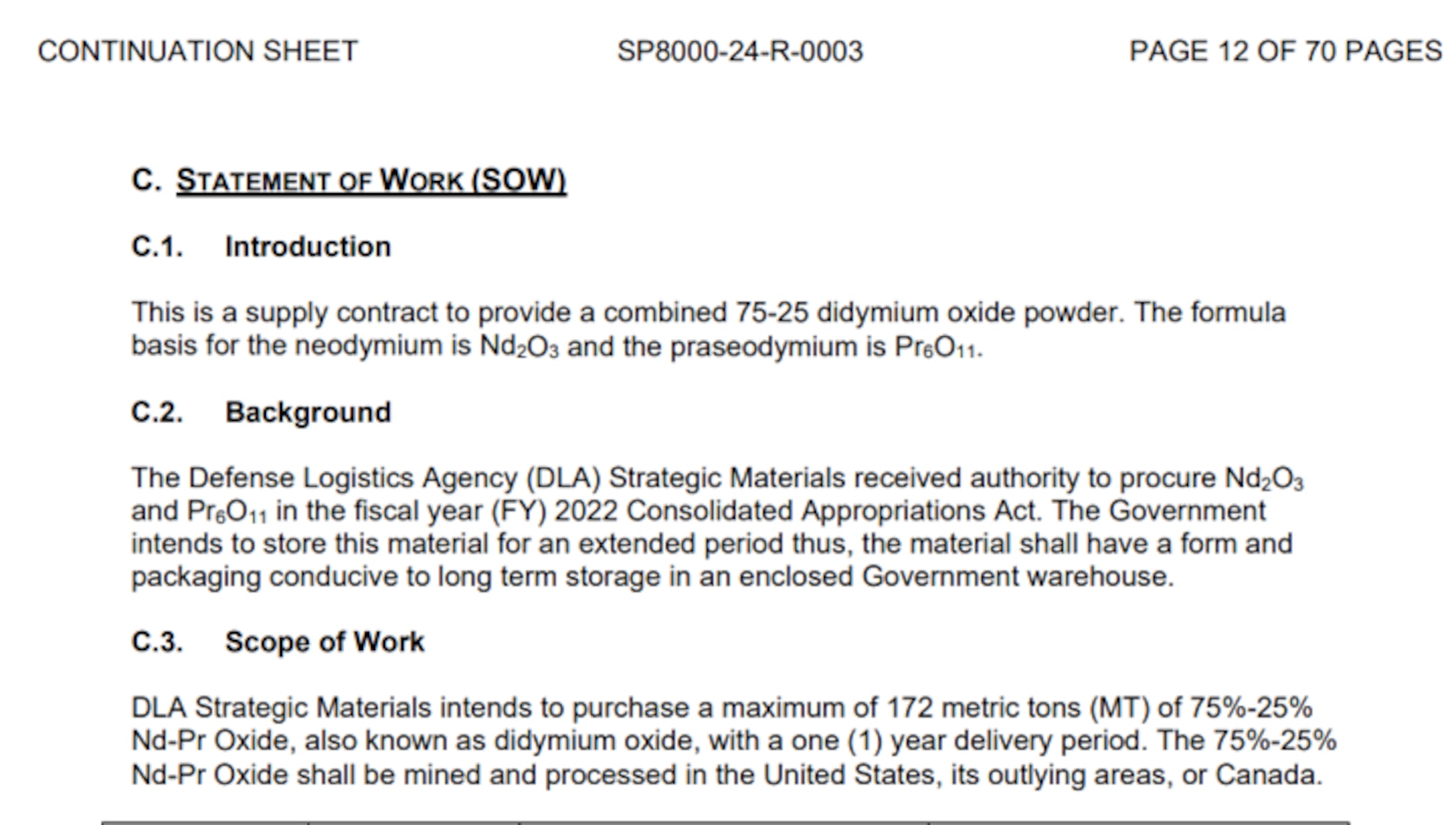 Example of DLA Strategic Materials Statement of Work attached to a solicitation
