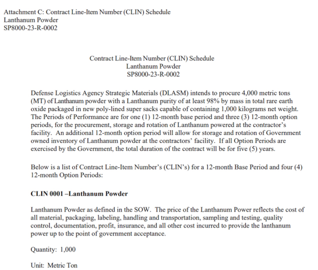 Example of DLA Strategic Materials Pricing Worksheet