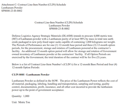 Example of DLA Strategic Materials Pricing Worksheet