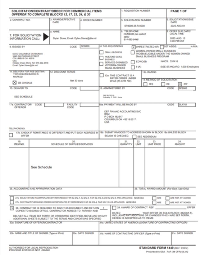 Example of DLA Strategic Materials SF1449 Solicitation/Contract/Order for Commercial Products and Commercial Services Form