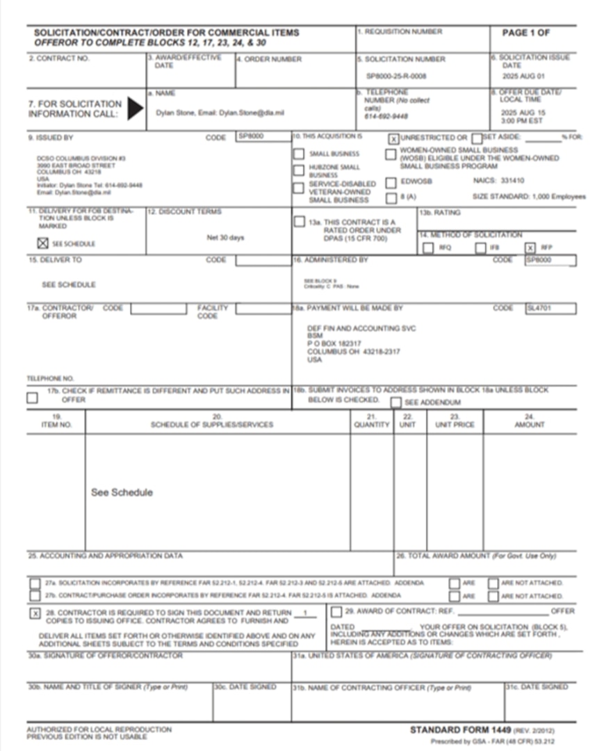 Example of DLA Strategic Materials SF1449 Solicitation/Contract/Order for Commercial Products and Commercial Services Form