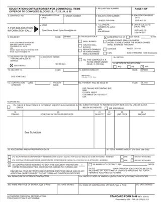 Example of DLA Strategic Materials SF1449 Solicitation/Contract/Order for Commercial Products and Commercial Services Form
