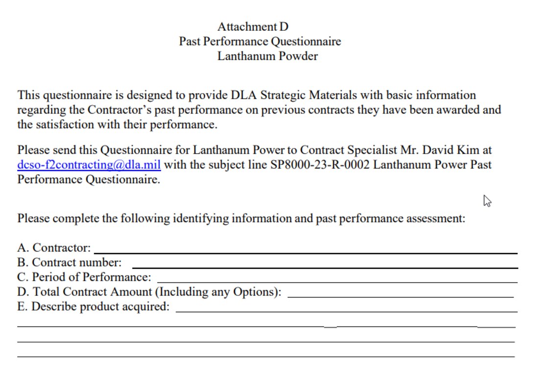 DLA Strategic Materials Past Performance Questionnaire