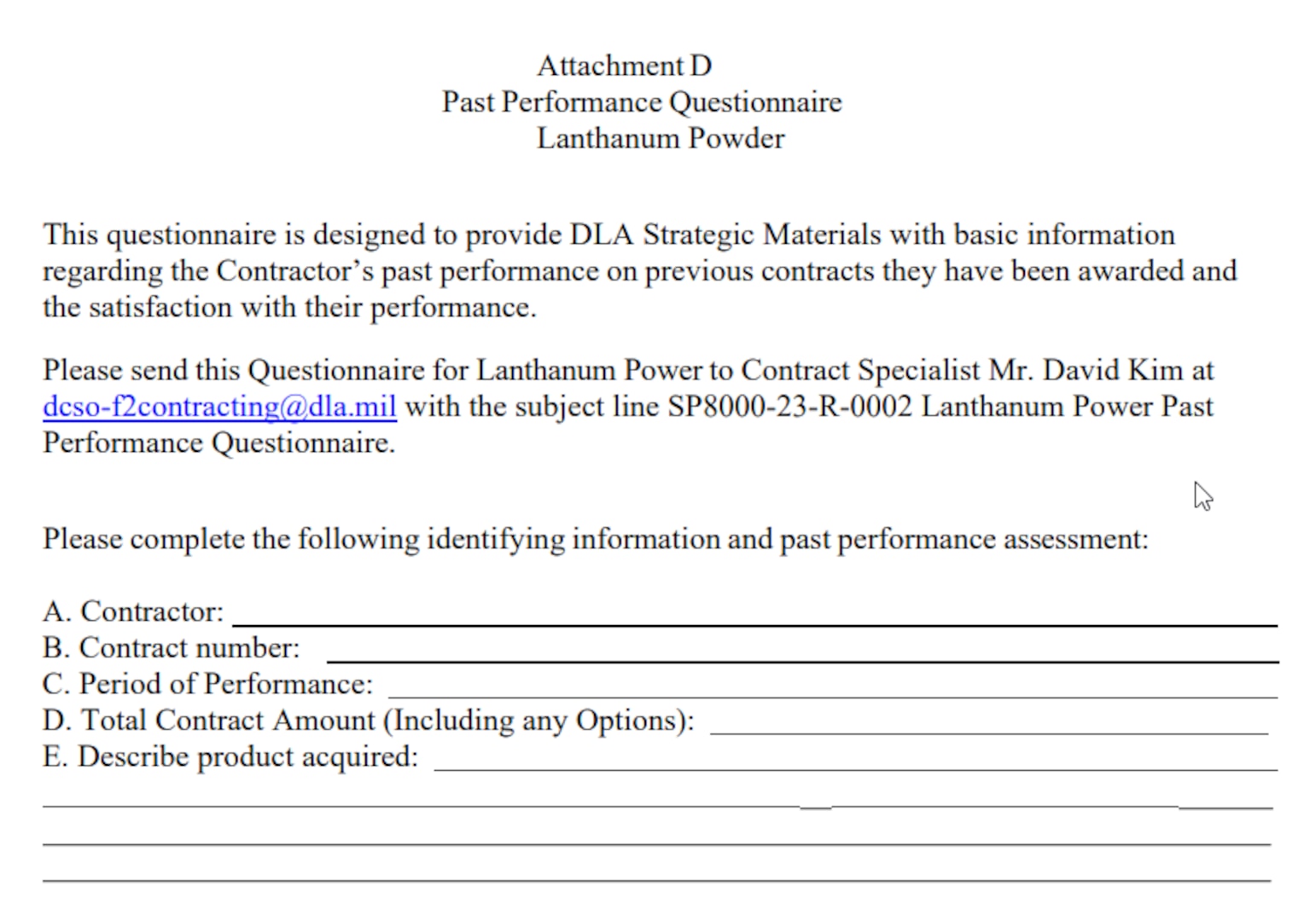 DLA Strategic Materials Past Performance Questionnaire