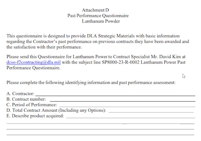 DLA Strategic Materials Past Performance Questionnaire