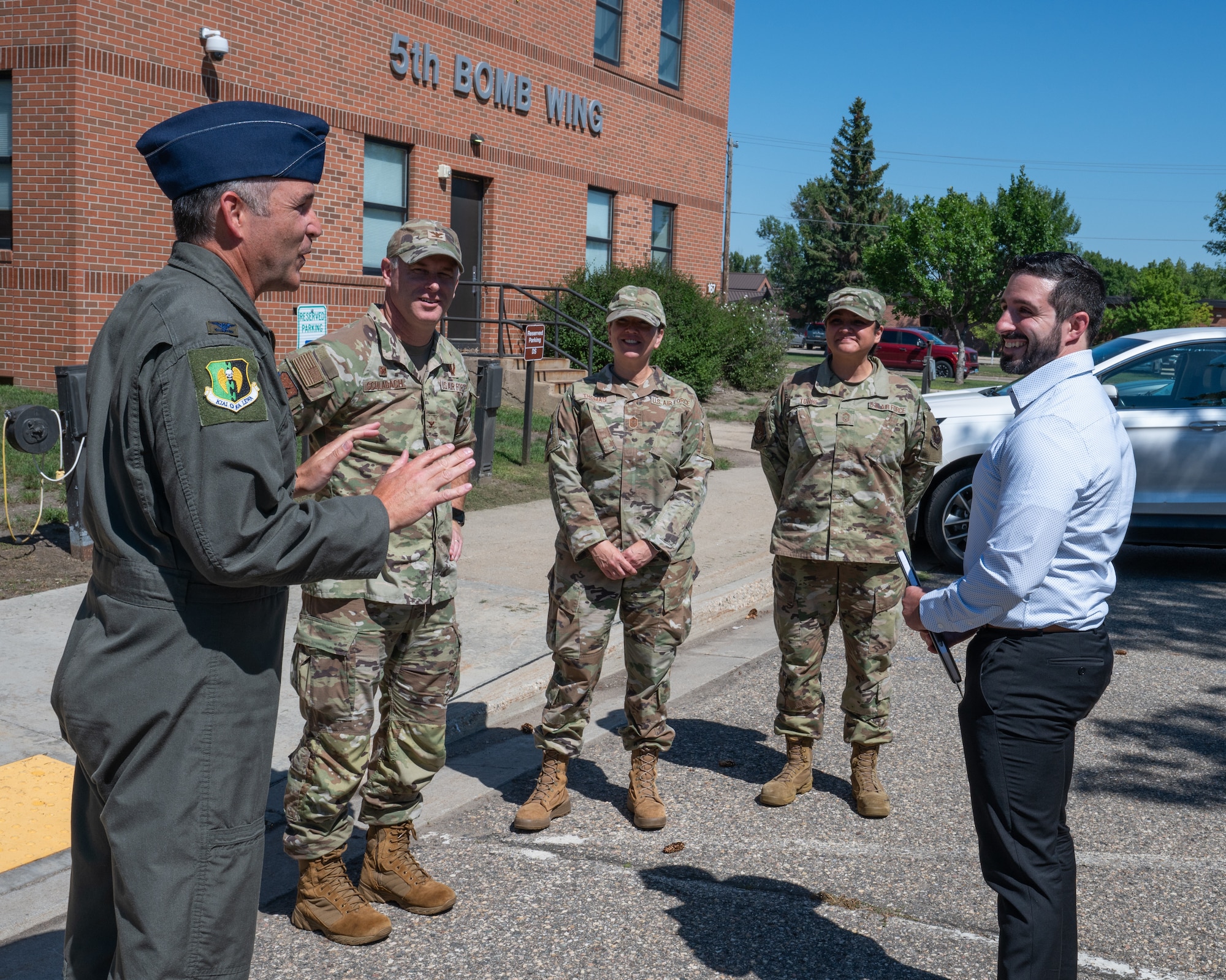 Team Minot leadership greets Charles Costanzo from the staff delegation from the office of North Dakota Rep. Julie Fedorchak at the 5th Bomb Wing headquarters.