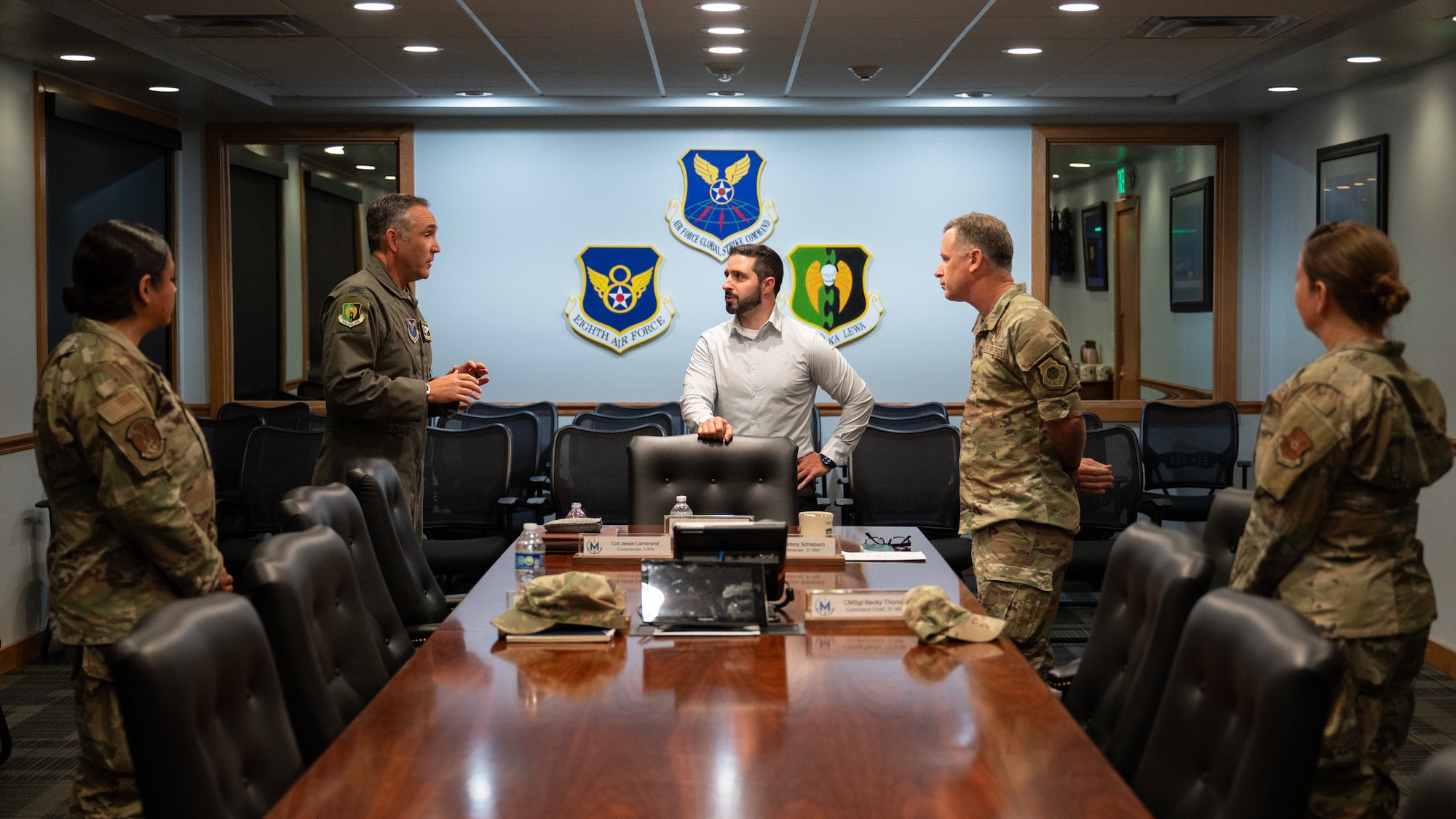 Team Minot leadership briefs Charles Costanzo from the staff delegation from the office of North Dakota Rep. Julie Fedorchak in the 5th Bomb Wing headquarters conference room.