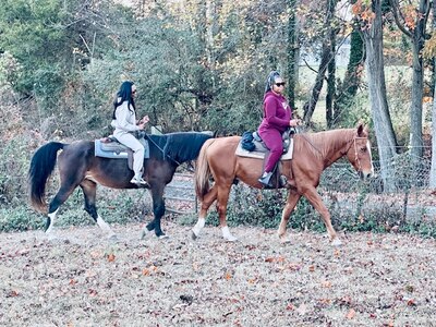 Jasmine McKinney, left, a defense enrollment eligibility reporting system technician with the 11th Force Support Squadron, rides a horse with her sister, Jacqueela Mason, right, during a horseback riding session in Waldorf, Maryland in fall 2024. Retired U.S. Air Force Chief Master Sgt. Fredrick Edison, deputy director for the Military Personnel Flight with the11th FSS, created his horseback riding mission, Freddy’s Heavenly Gaits, to support wellness for Airmen. (U.S. Air Force courtesy photo)