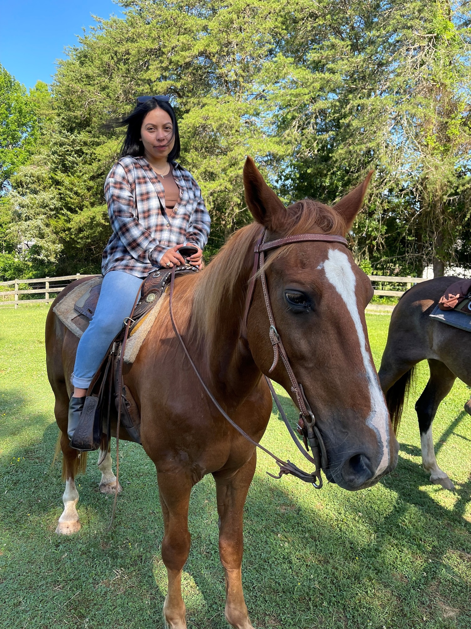 U.S. Air Force Staff Sgt. Karla Monroy, the noncommissioned officer in charge of The U.S. Air Force Band Commander’s Support Staff, participates in a horseback riding session in Waldorf, Maryland in fall 2024. Retired Chief Master Sgt. Fredrick Edison, deputy director for the Military Personnel Flight with the 11th Force Support Squadron, created his horseback riding mission, Freddy’s Heavenly Gaits, to support wellness for Airmen. (U.S. Air Force courtesy photo)