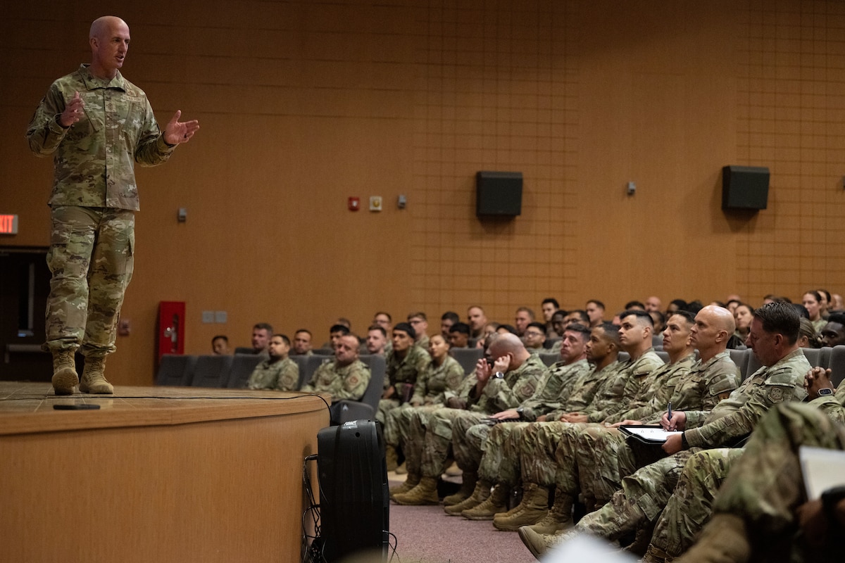 Chief Master Sgt. of the Air Force David Flosi delivers remarks during an all call at Incirlik Air Base, Türkiye, August 14, 2025.