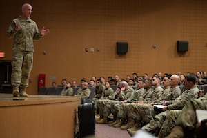 Chief Master Sgt. of the Air Force David Flosi delivers remarks during an all call at Incirlik Air Base, Türkiye, August 14, 2025.