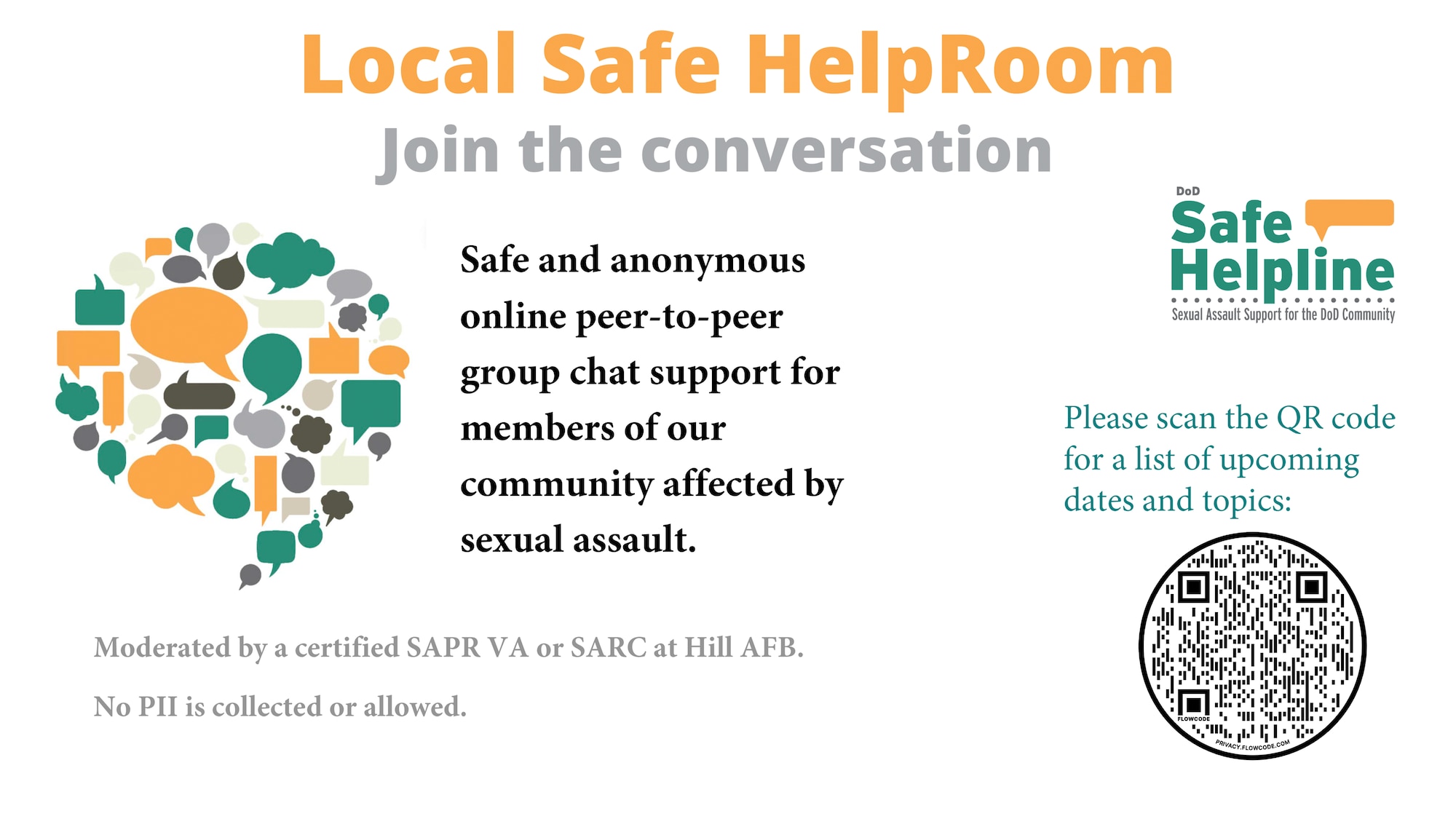 A graphic for local Safe HelpRoom at Hill AFB, including a QR code to the Safe HelpRoom landing page.