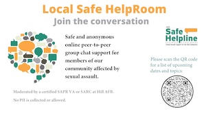 A graphic for local Safe HelpRoom at Hill AFB, including a QR code to the Safe HelpRoom landing page.