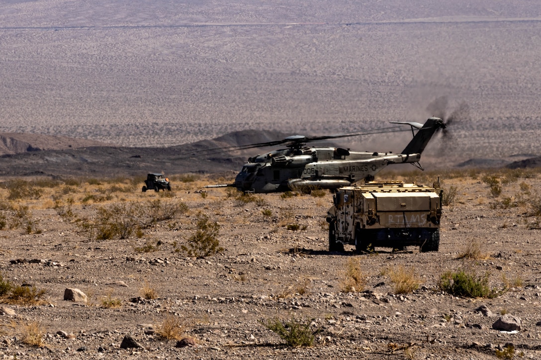U.S. Marines with Marine Heavy Helicopter Squadron (HMH) 361, Marine Aircraft Group 16, 3rd Marine Aircraft Wing land for an simulated causality evacuation in support of an Advanced Motorized Operations Course during Service Level Training Exercise 4-25, at Marine Corps Air-Ground Combat Center, Twentynine Palms, California.