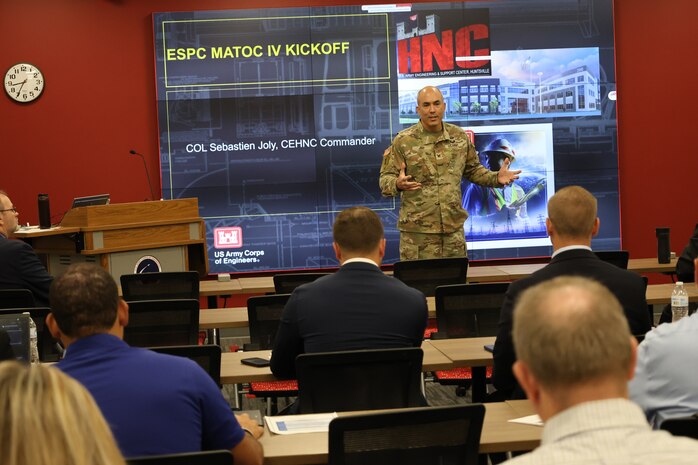Army Col. Sebastien Joly speaking to a group of energy service contractors.