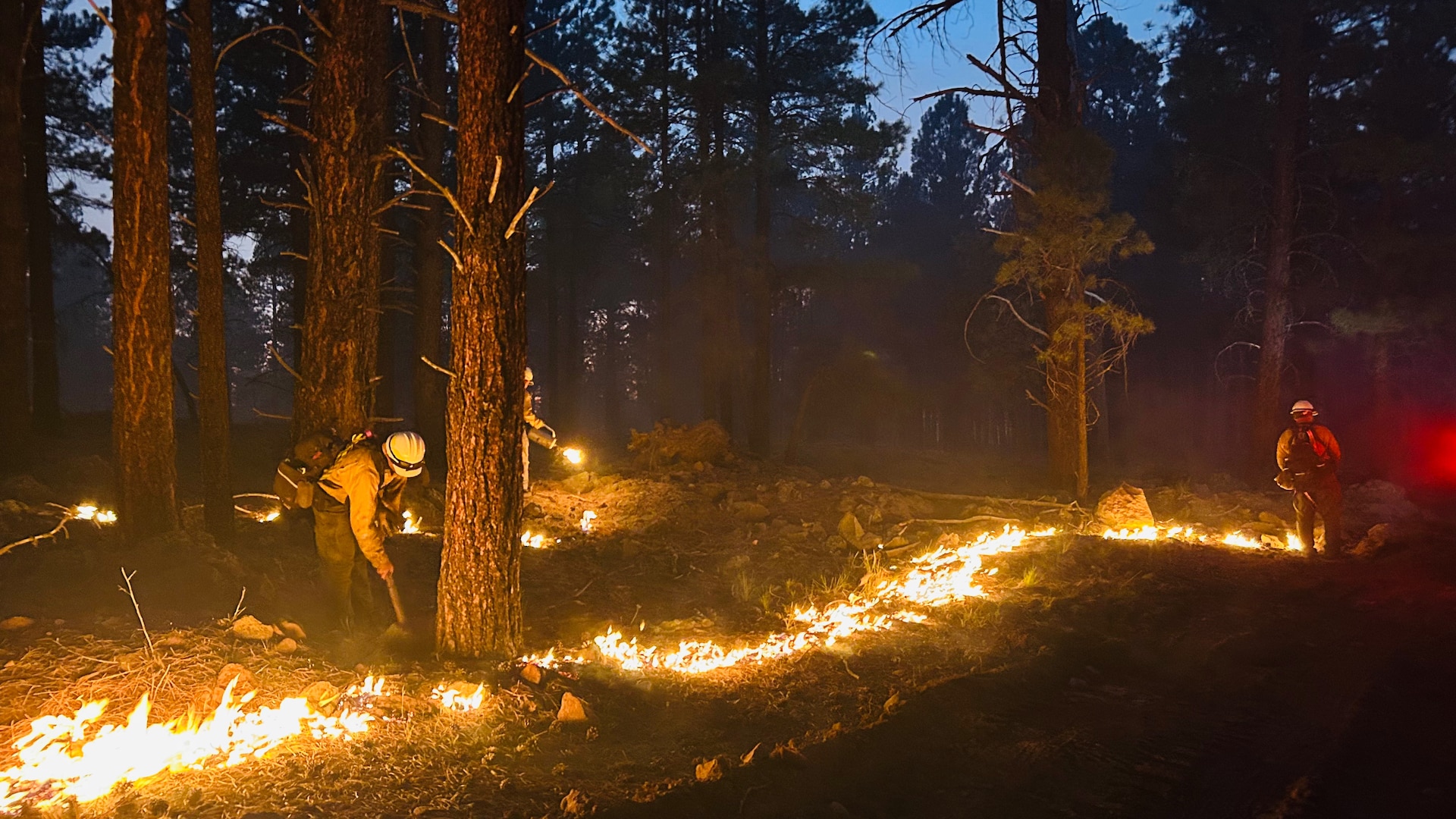 Members of the Oklahoma National Guard’s wildland firefighting program work to prevent the spread of a fire at Camp Navajo, Arizona, August 16, 2025. The Guardsmen were training at Camp Navajo when a real-world fire broke out and they began supporting the Camp Navajo Fire Department and other agencies in containing the fire. (Photo provided by Brian Weatherford)