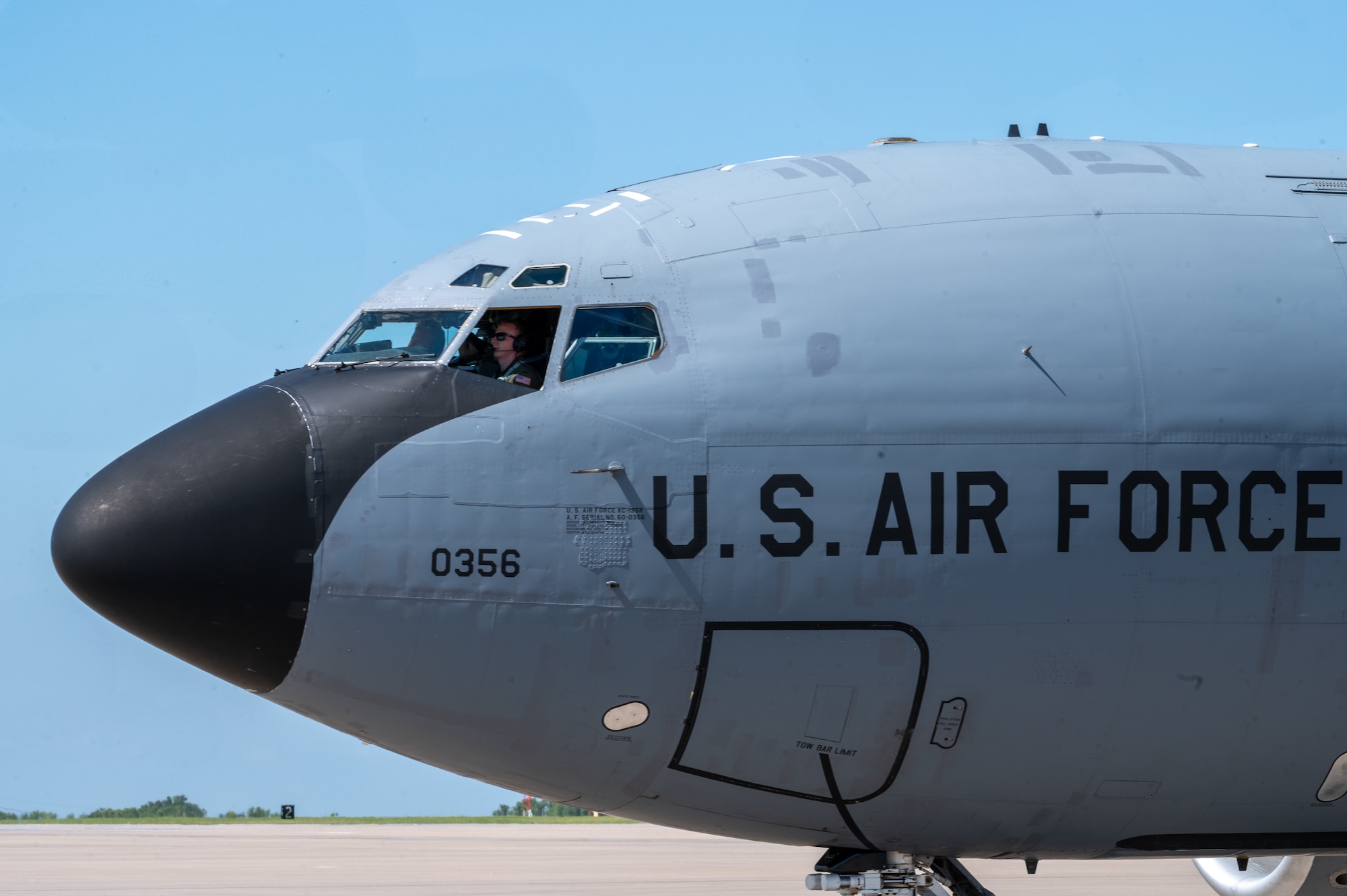A KC-135 Stratotanker aircraft assigned to the 350th Air Refueling Squadron taxis to a stop at McConnell Air Force Base, Kansas, July 8, 2025. The aircraft and its crew conducted Special Fueling Operations as they provided critical air refueling support to the Air Force's 2025 Department-Level Exercise series. The DLE series encompasses all branches of the Department of Defense, along with Allies and partners, employing more than 400 Joint and coalition aircraft and more than 12,000 members at more than 50 locations across 3,000 miles (U.S. Air Force photo by Tech. Sgt. Nathan Eckert)