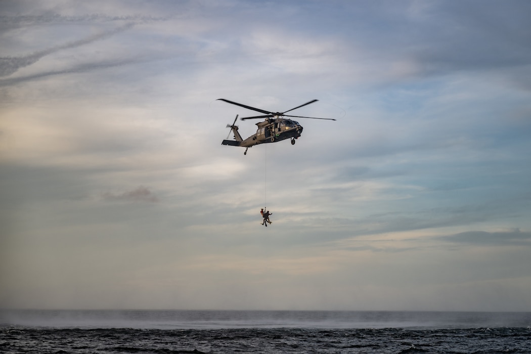 U.S. Air Force Airmen assigned to the 41st Rescue Squadron and pararescuemen assigned to the 38th Rescue Squadron, Moody Air Force Base, Georgia, conduct water rescue training in the Gulf of Mexico.