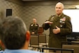 U.S. Army Maj. Gen. Haldane Lamberton, Kentucky's adjutant general, briefs officials on cyber threats and the importance of partnerships to deterring, preventing, defeating, and mitigating threats to critical infrastructure at the Governor's Local Issues Conference in Louisville, Kentucky, Aug. 13, 2025.