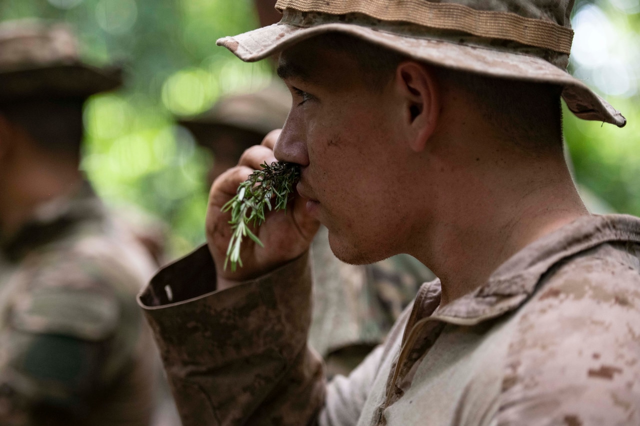 A Marine puts a herb up to his nose while outside.