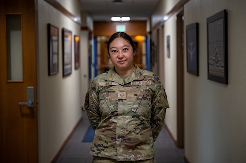 U.S. Air Force Staff Sgt. Michelle Moua, a Squadron Aviation Resource Management specialist assigned to the 70th Aerial Refueling Squadron, poses for a photo at Travis AFB, Calif., August 20, 2025. Moua was recognized with the American Red Cross Service to Armed Forces Award on June 7, 2025 for her volunteer work at David Grant Medical Center. She also recently completed a Master's Degree in Public Health Administration and continues to serve with excellence as a Reserve Airman in the Air Force Reserve.