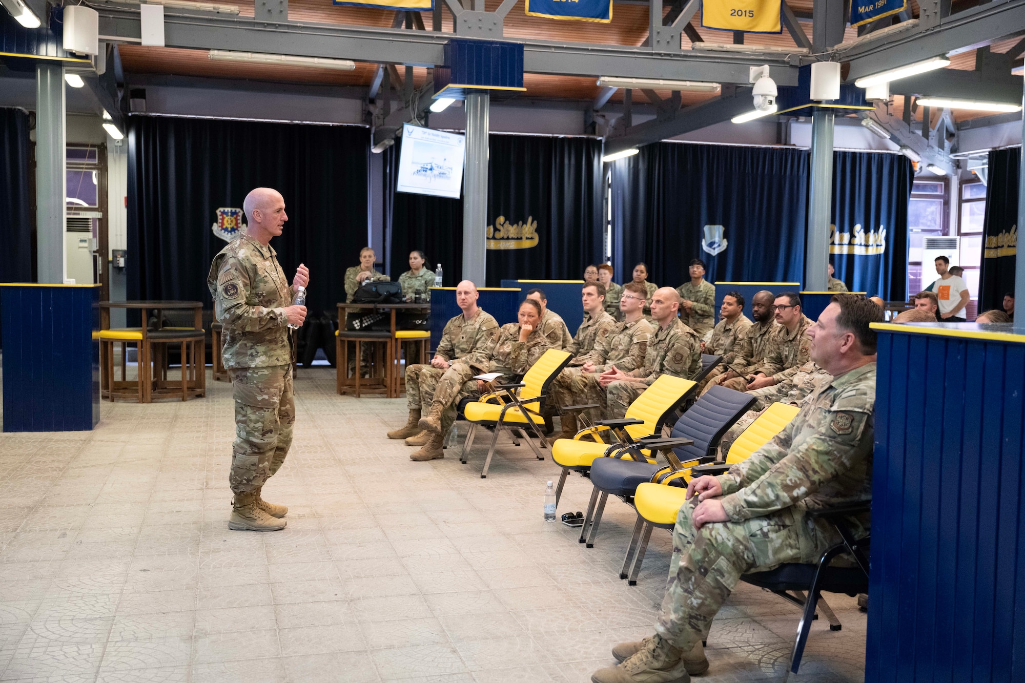 Chief Master Sgt. of the Air Force David Flosi, engages with Airmen assigned to the 728th Air Mobility Squadron, during his visit to Incirlik Air Base, Türkiye, August 14, 2025.