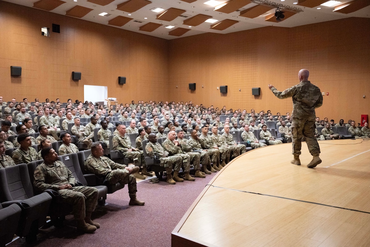 Chief Master Sgt. of the Air Force David Flosi delivers remarks during an all call at Incirlik Air Base, Türkiye, August 14, 2025.