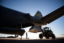 As part of the unit’s participation in the Department-Level Exercise (DLE) series focused on the Indo-Pacific region, Airmen assigned to the 153rd Airlift Wing, Wyoming Air National Guard, load gear onto a C-130 Hercules at the Wyoming Air National Guard Base in Cheyenne, Wyo., July 7, 2025.