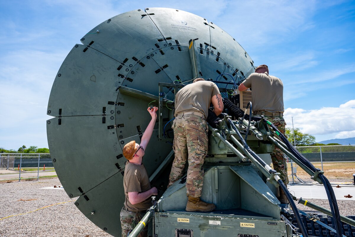 U.S. Space Force Guardians assigned to the 25th Space Range Squadron, Space Delta 11, adjust an antenna outside a Transportable Range Operations Center (TROC) during exercise Resolute Space 2025 in Pearl City, Hawaii, July 24, 2025.